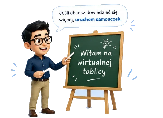 Adam przy szkolnej tablicy z napisem „Witam na wirtualnej tablicy” zaprasza do samouczka.